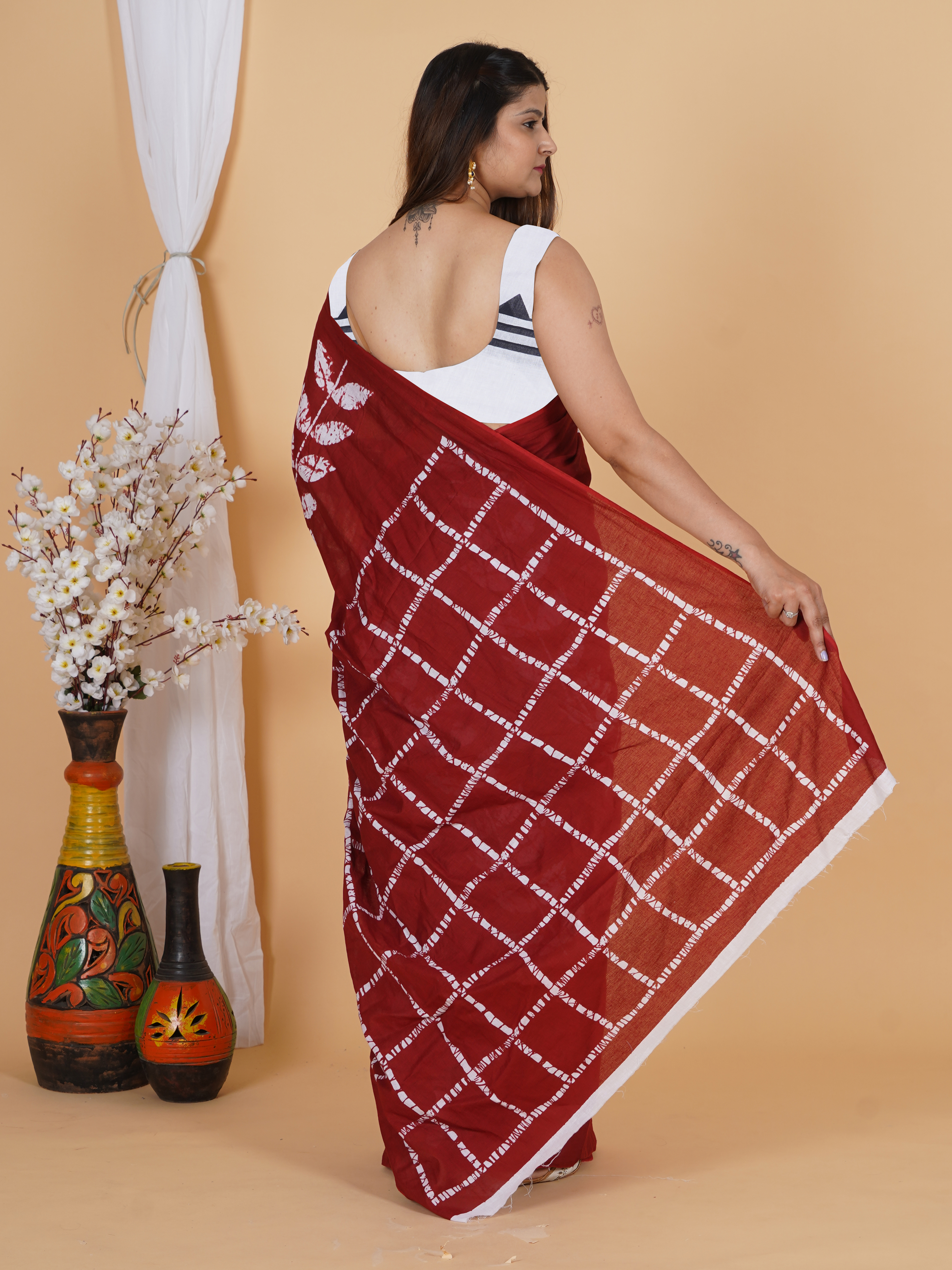 Maroon Red Printed Cotton Saree by SoftSpun Fabrics view 2