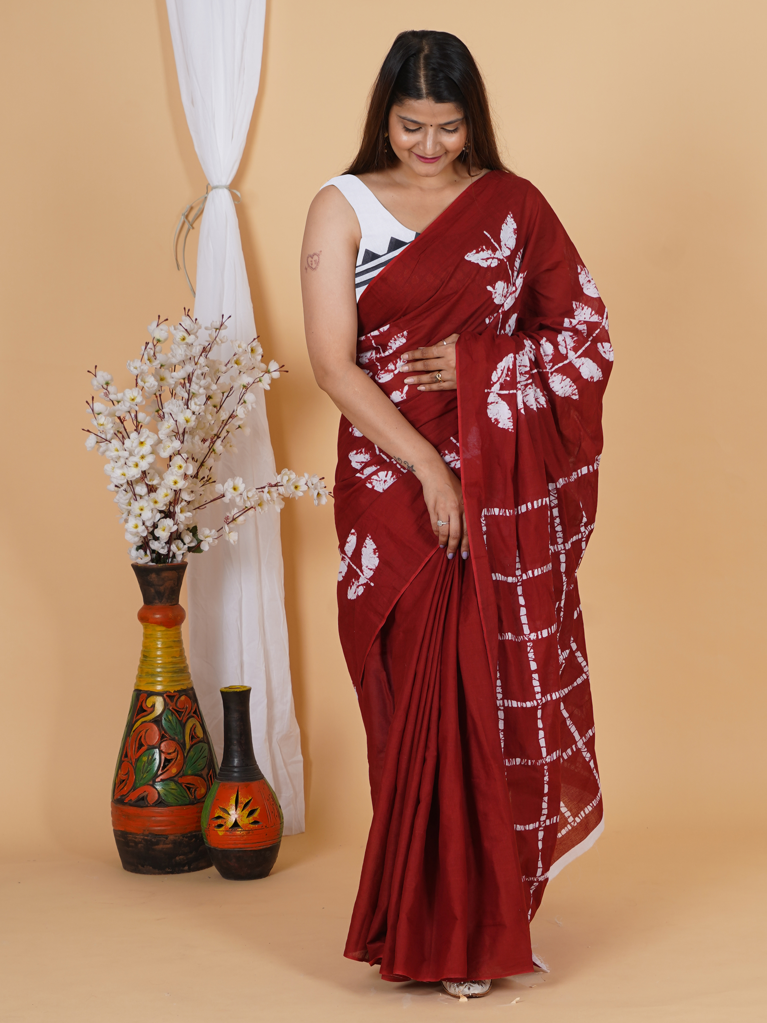 Maroon Red Printed Cotton Saree by SoftSpun Fabrics view 3
