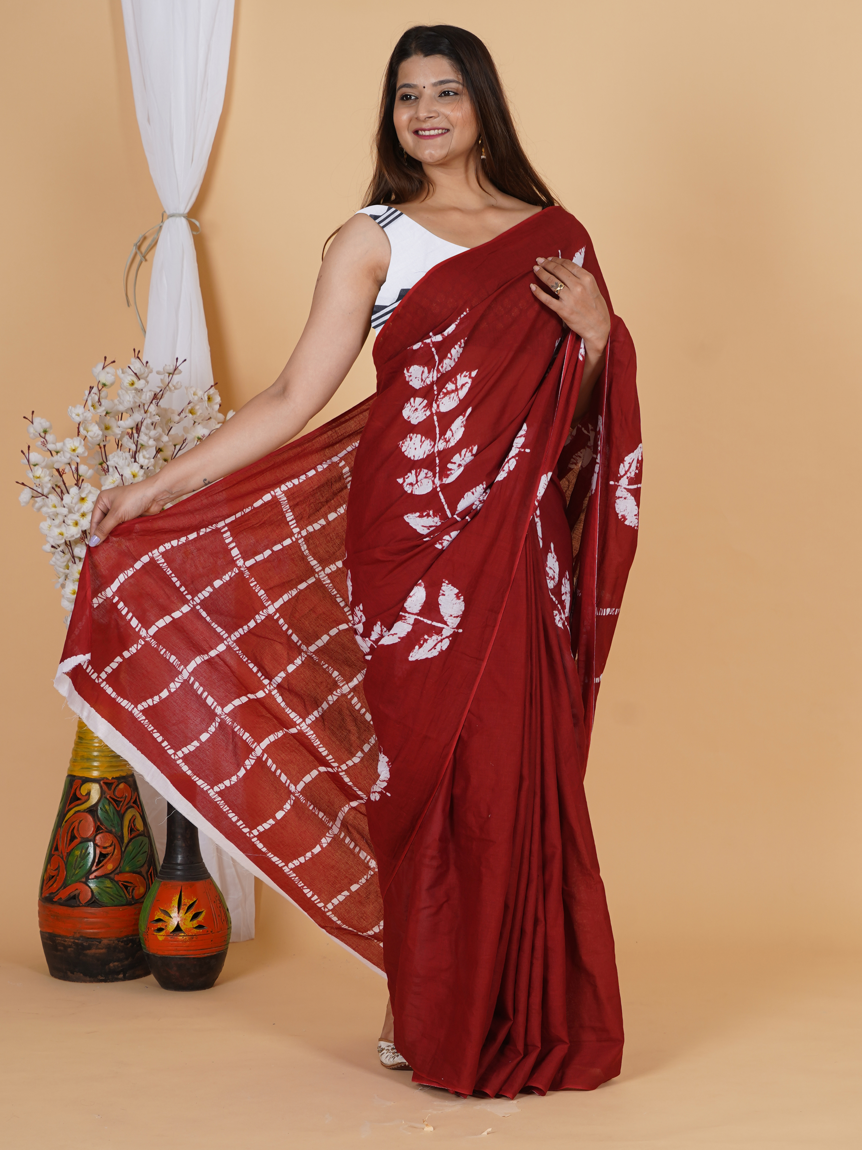Maroon Red Printed Cotton Saree by SoftSpun Fabrics view 5