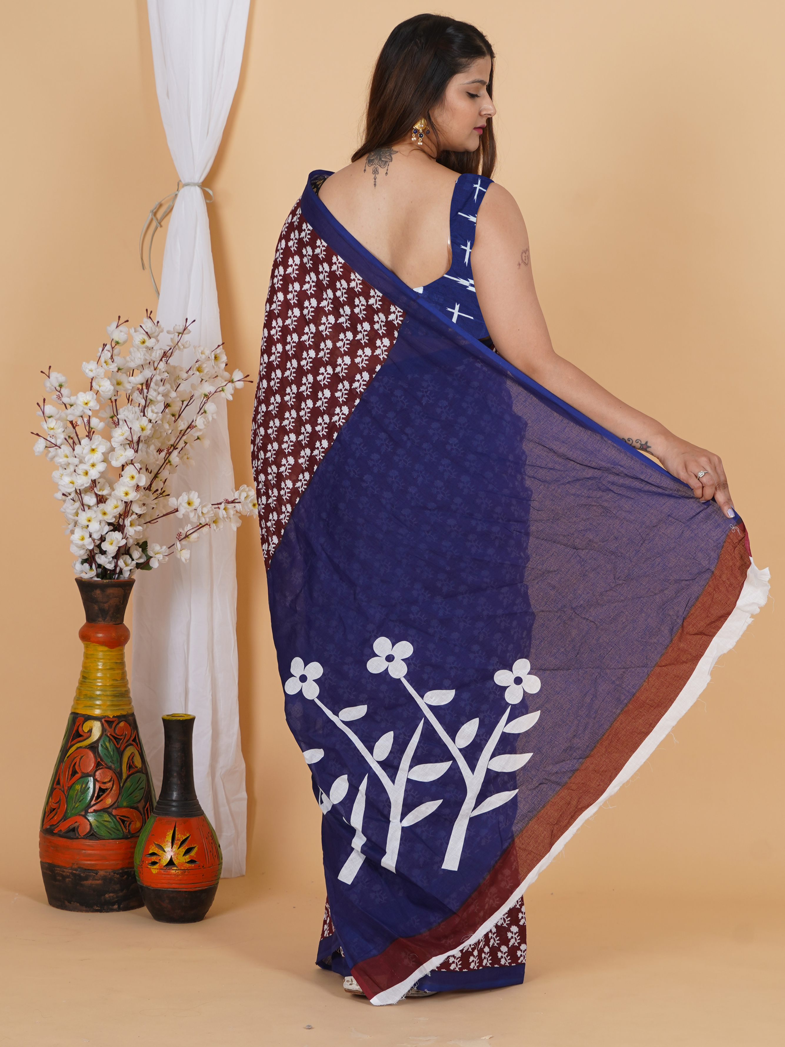Maroon Floral Cotton Saree by SoftSpun Fabrics view 2