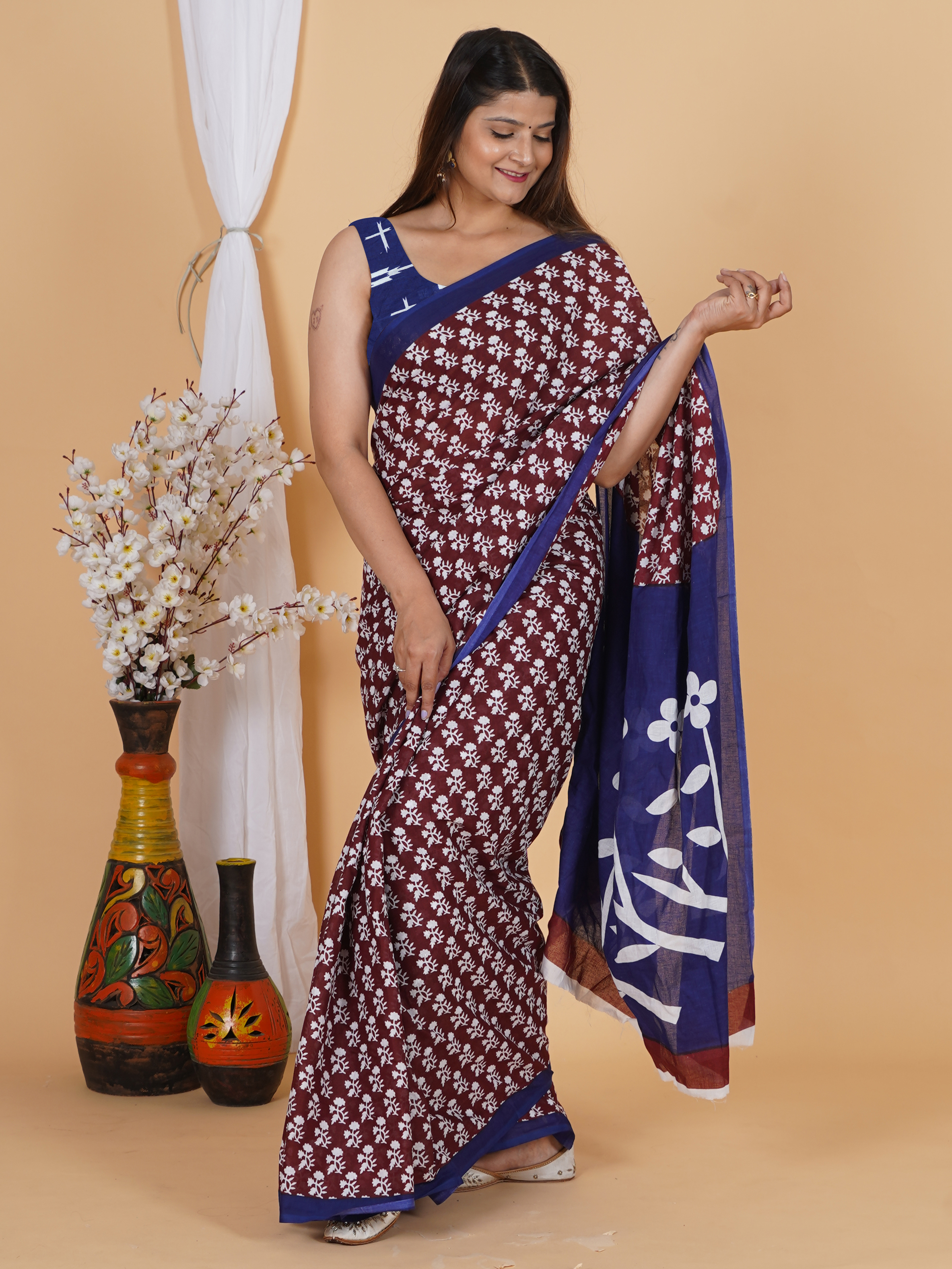 Maroon Floral Cotton Saree by SoftSpun Fabrics view 3