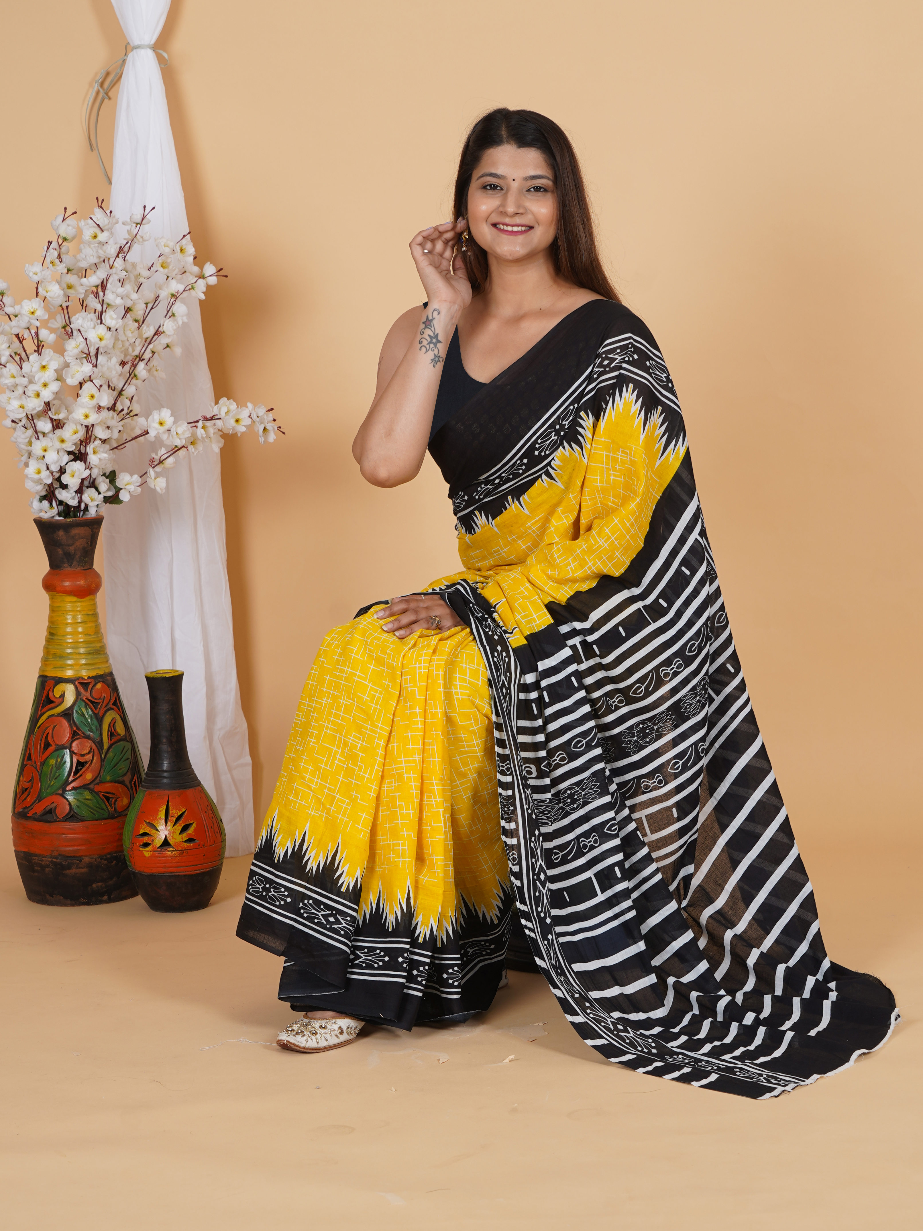 Stunning Yellow & Black Cotton Saree | SoftSpun Fabrics view 2