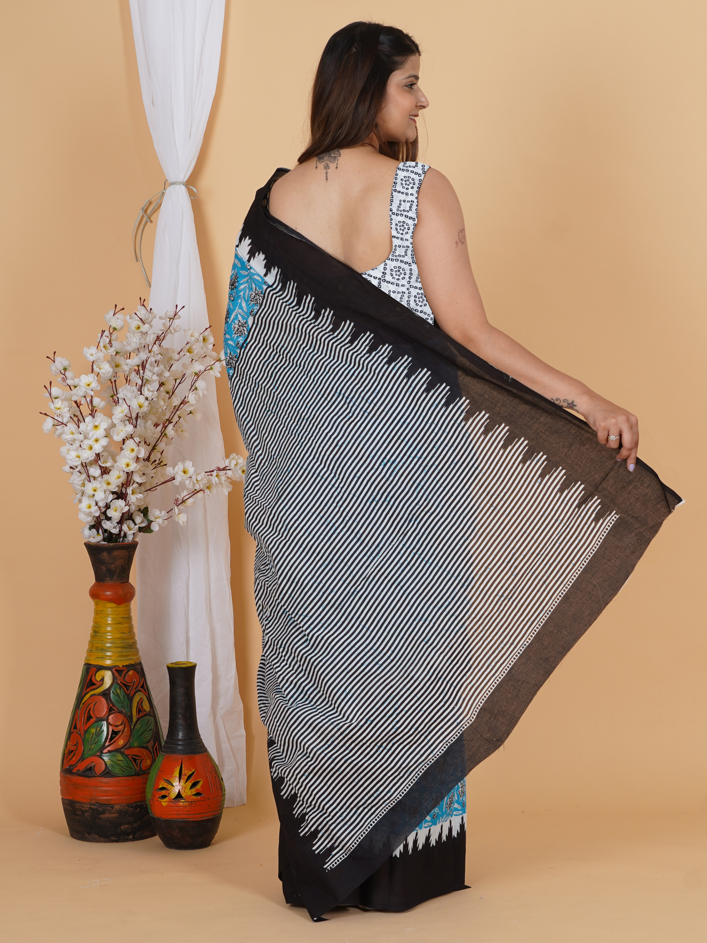 Sky Blue & Black Printed Cotton Saree | SoftSpun Fabrics view 2