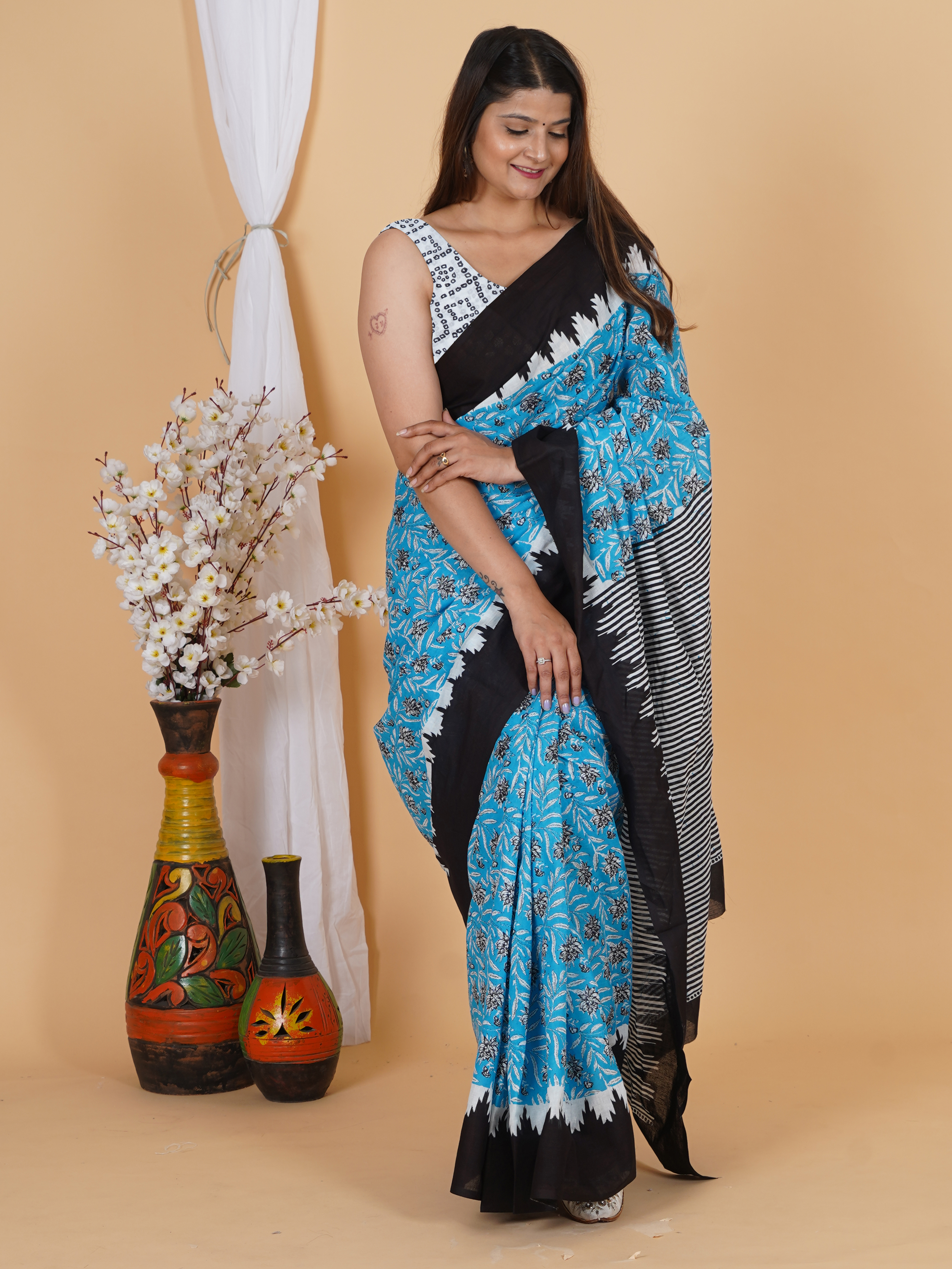 Sky Blue & Black Printed Cotton Saree | SoftSpun Fabrics view 3