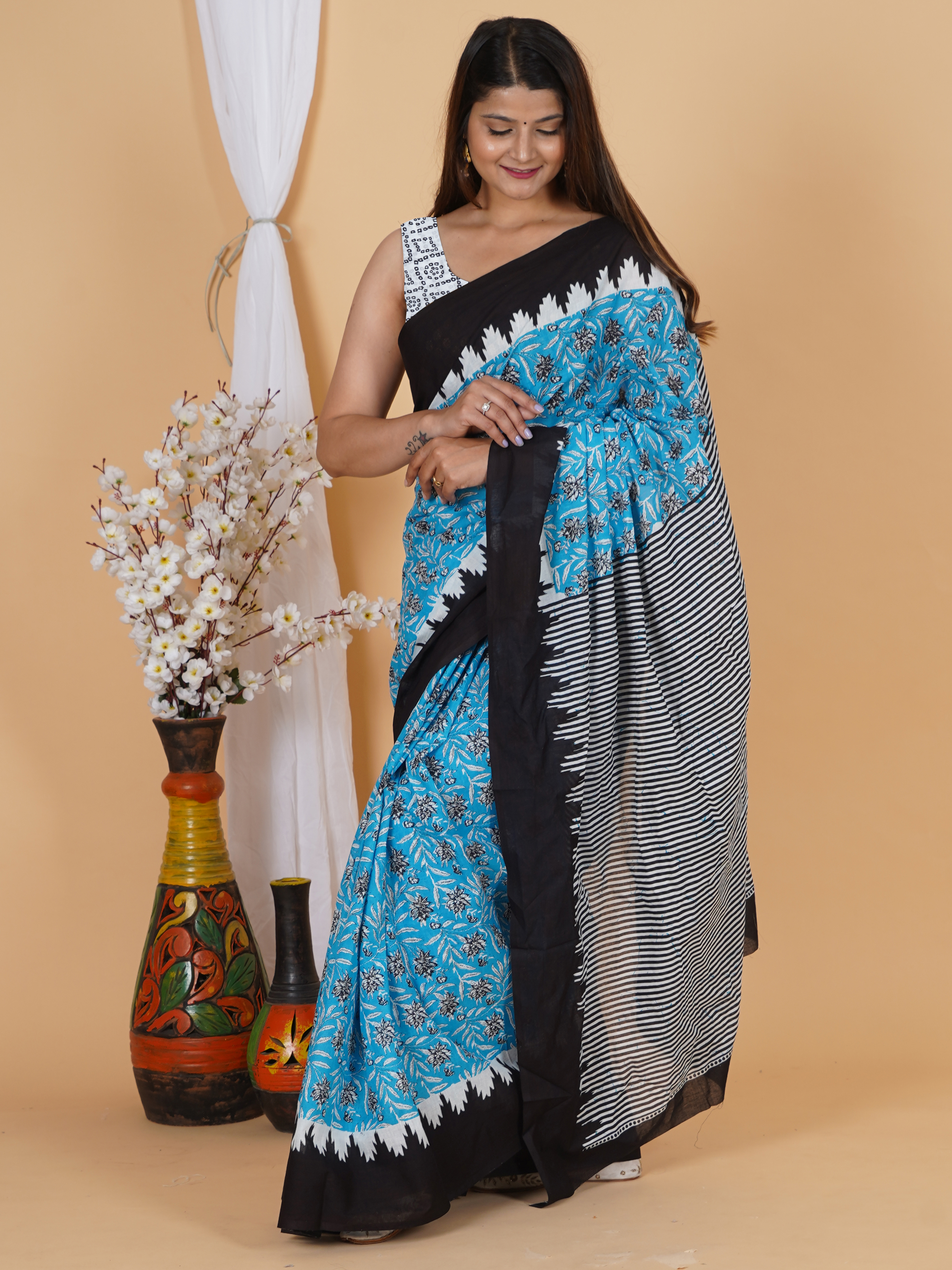 Sky Blue & Black Printed Cotton Saree | SoftSpun Fabrics view 4