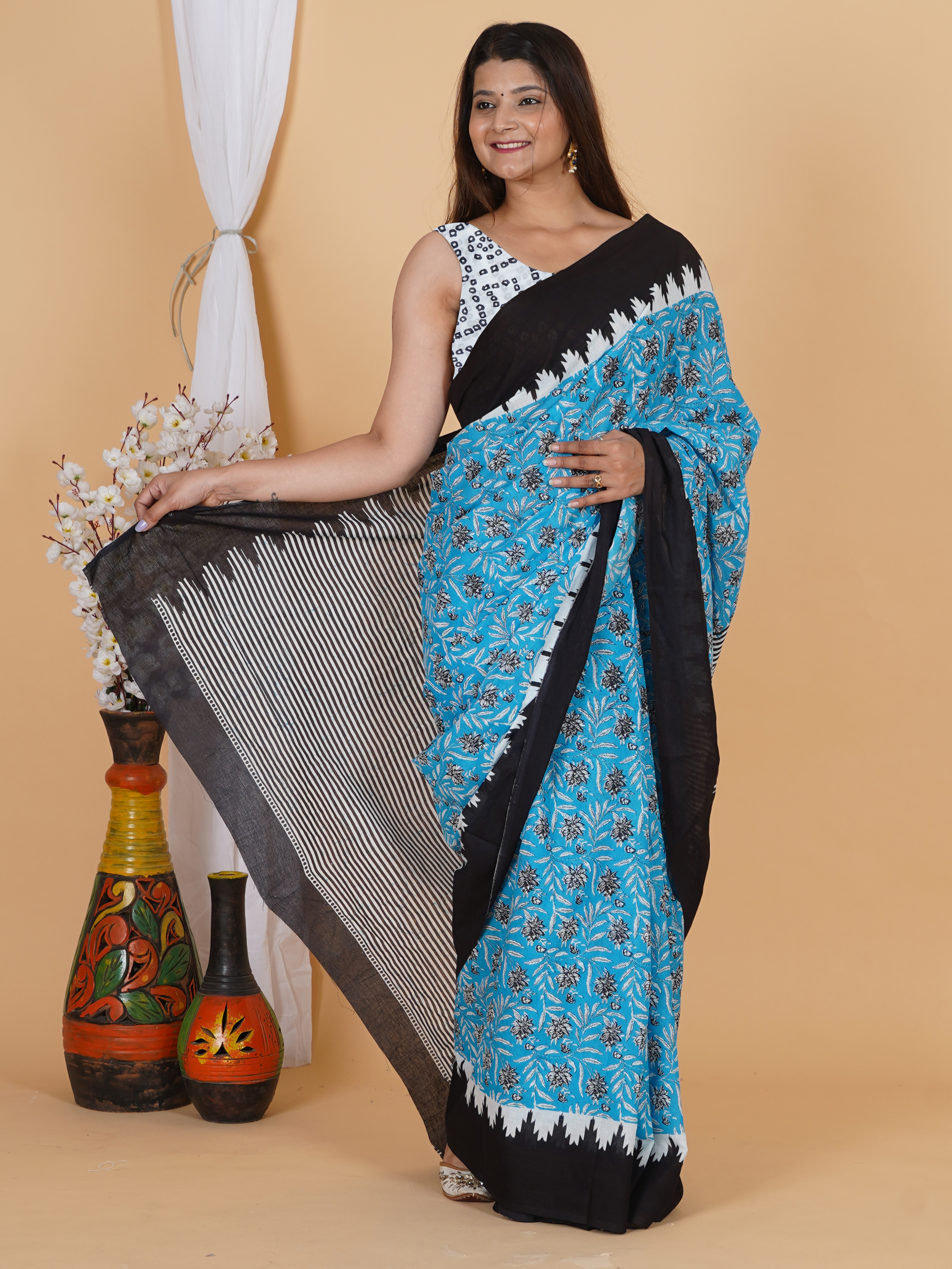 Sky Blue & Black Printed Cotton Saree | SoftSpun Fabrics view 5