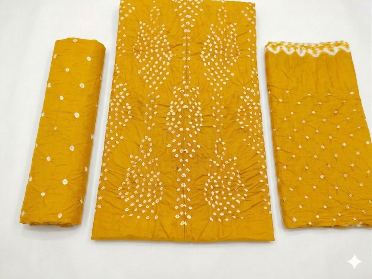 Mustard Yellow Traditional Bandhani Dress with Dupatta view 3