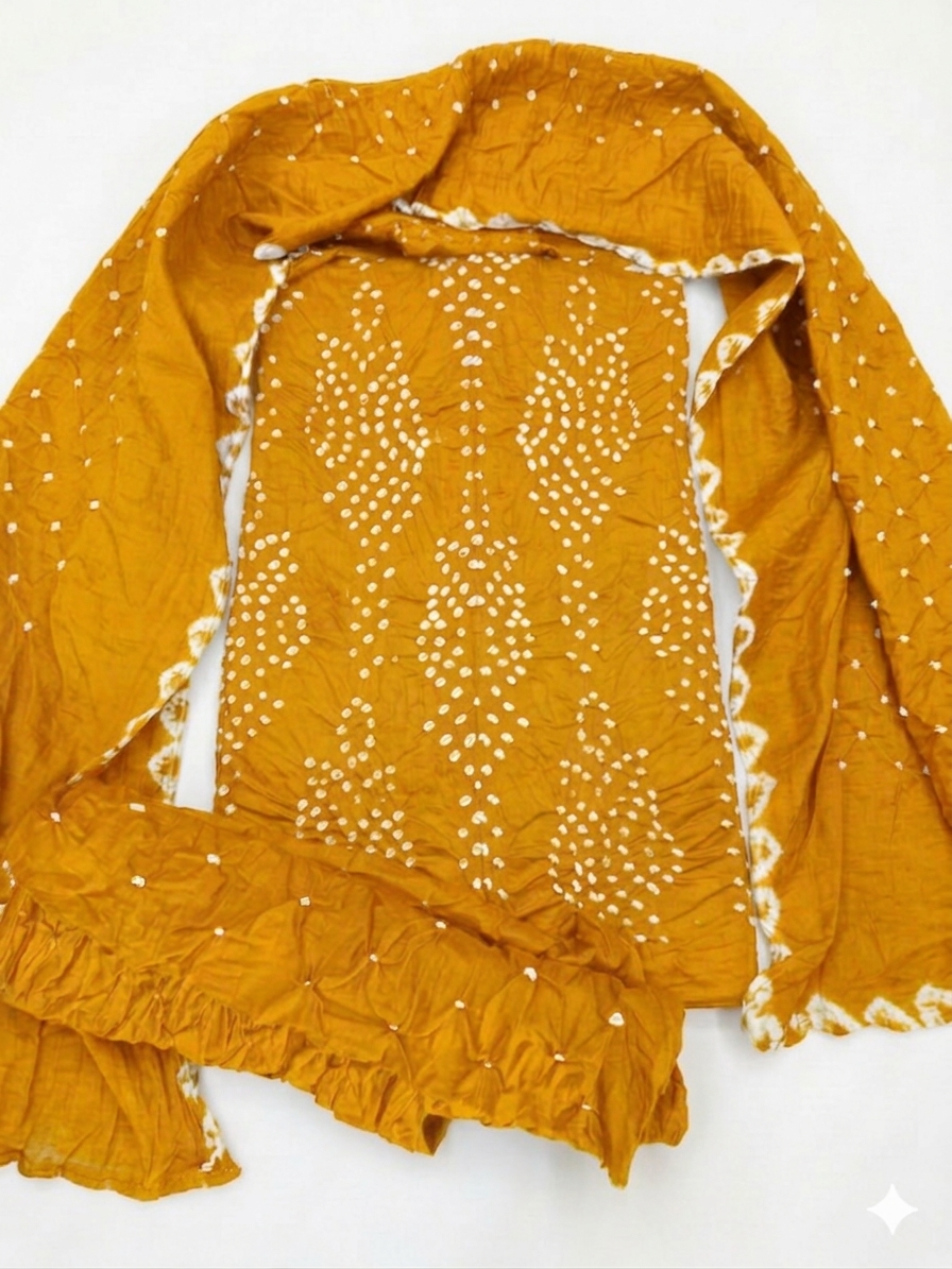 Mustard Yellow Traditional Bandhani Dress with Dupatta view 2