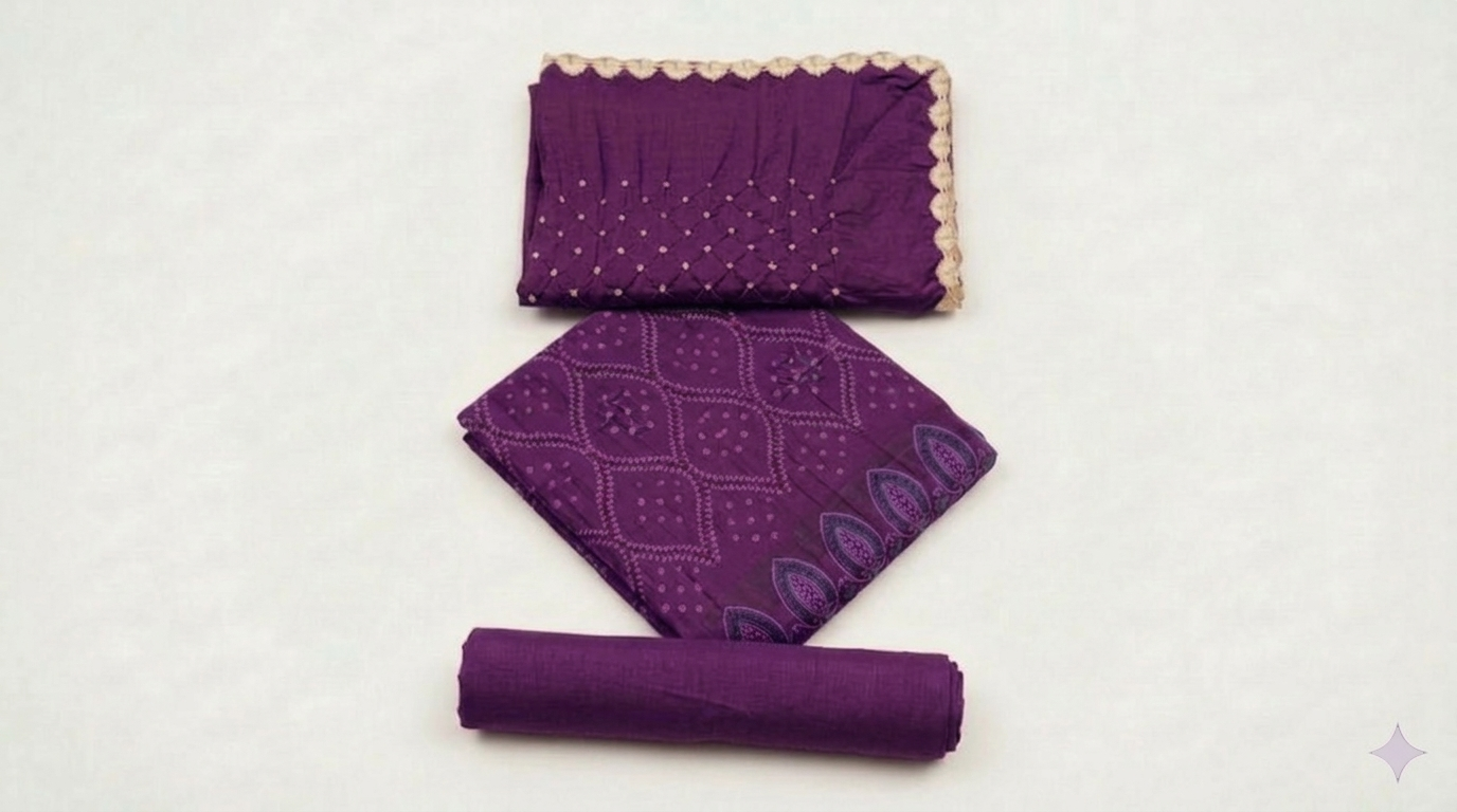 Purple Embroidered Traditional Bandhani with lakhnawi work Salwar Kameez with Matching Dupatta view 2