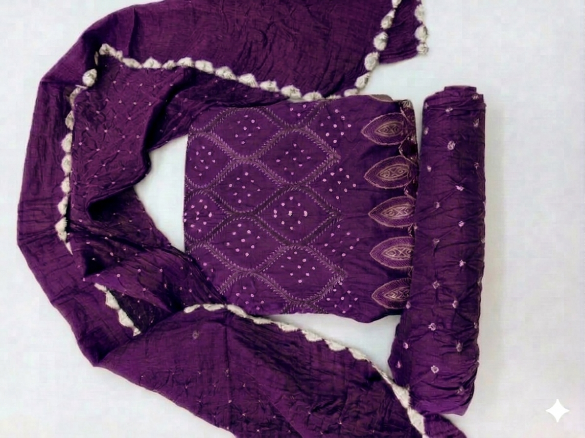 Purple Embroidered Traditional Bandhani with lakhnawi work Salwar Kameez with Matching Dupatta view 3