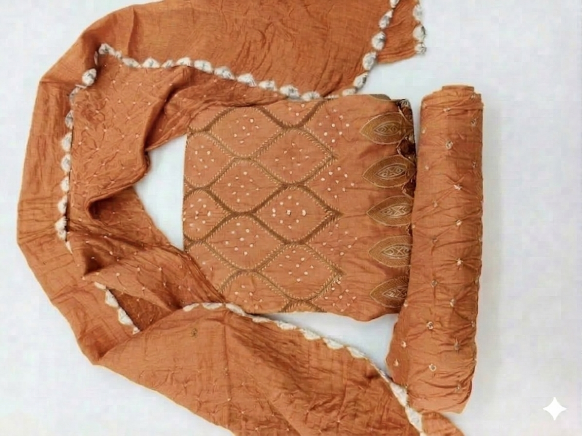 Brown Traditional Indian Bandhani Suit with Embroidered Dupatta view 2