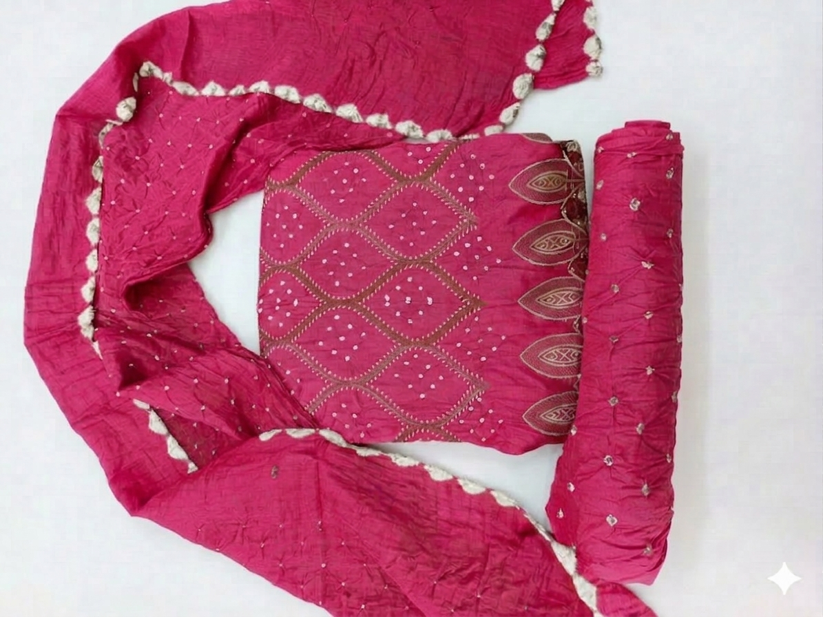 Pink Embroidered Traditional Bandhani with embroidery work Women's Kurta with Dupatta view 2