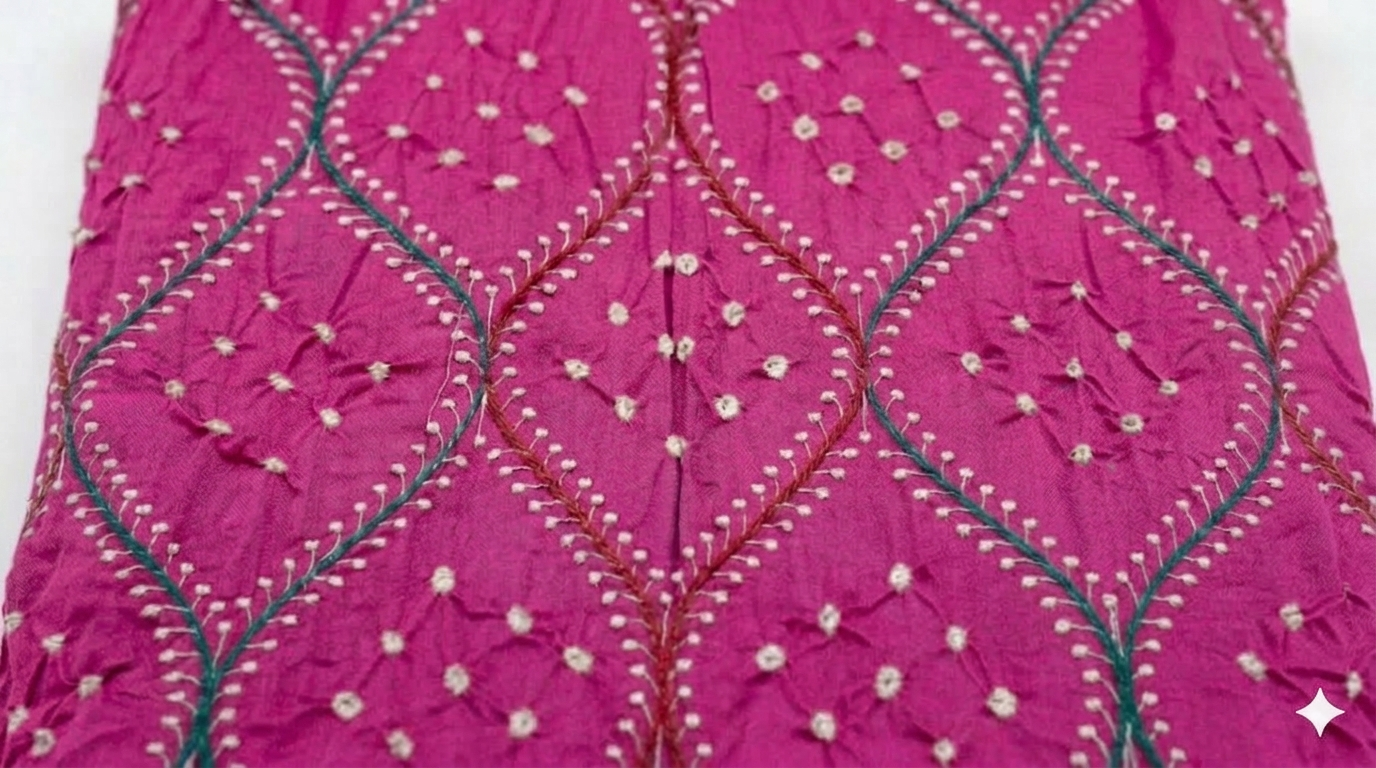 Pink Embroidered Traditional Bandhani with embroidery work Women's Kurta with Dupatta view 4