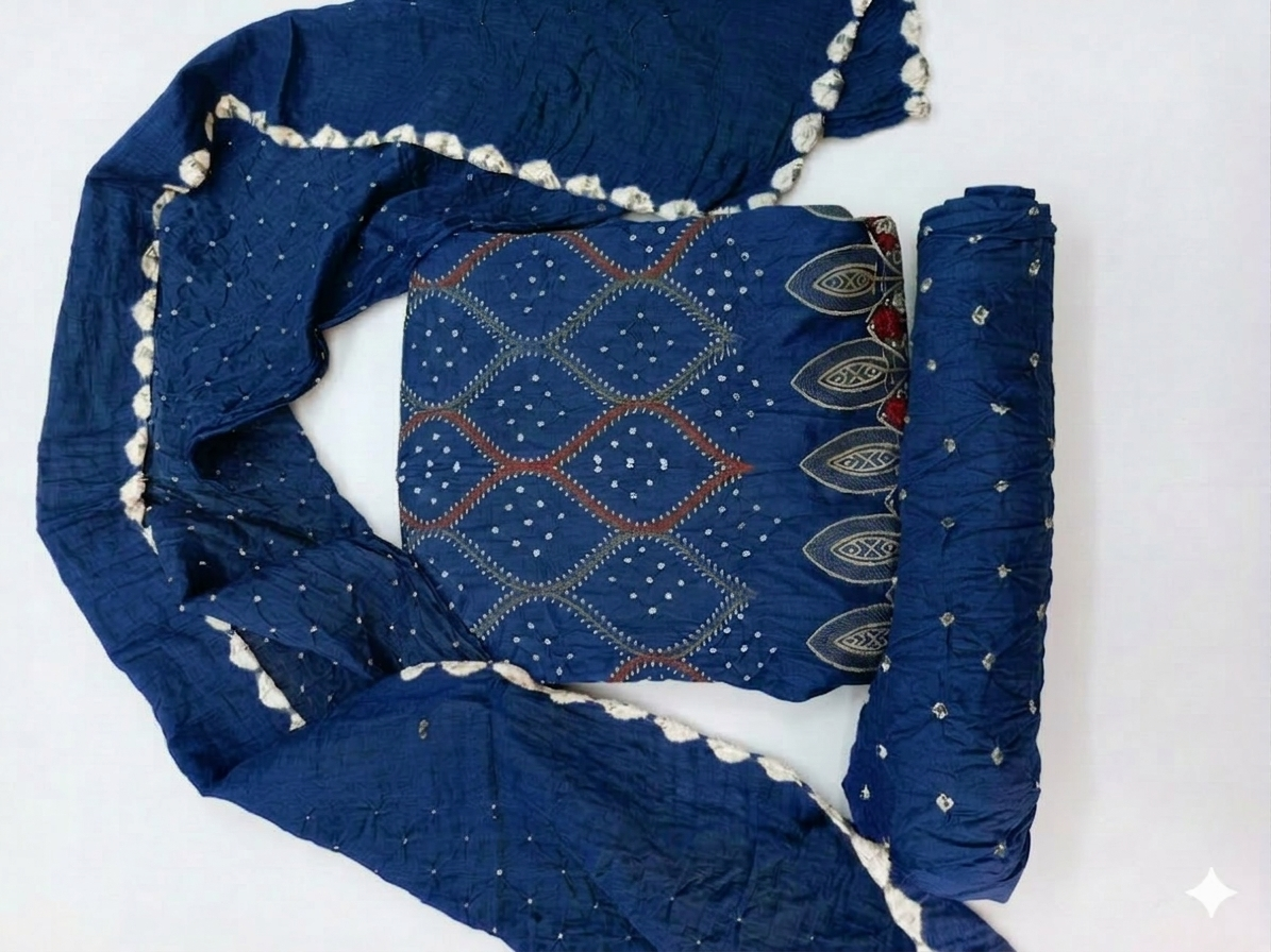 Elegant Blue Bandhani with Embroidered Women's Ethnic Kurta with Dupatta view 2