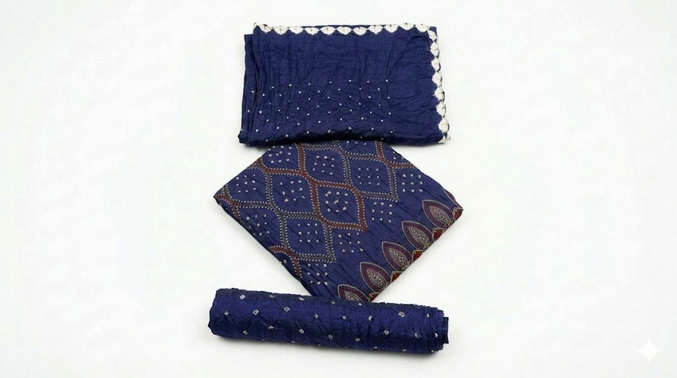 Elegant Blue Bandhani with Embroidered Women's Ethnic Kurta with Dupatta view 3
