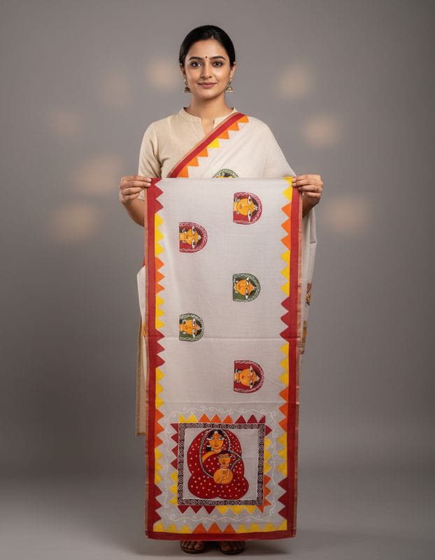Kerala Cotton Saree with Hand Paint with Blouse Piece view 2