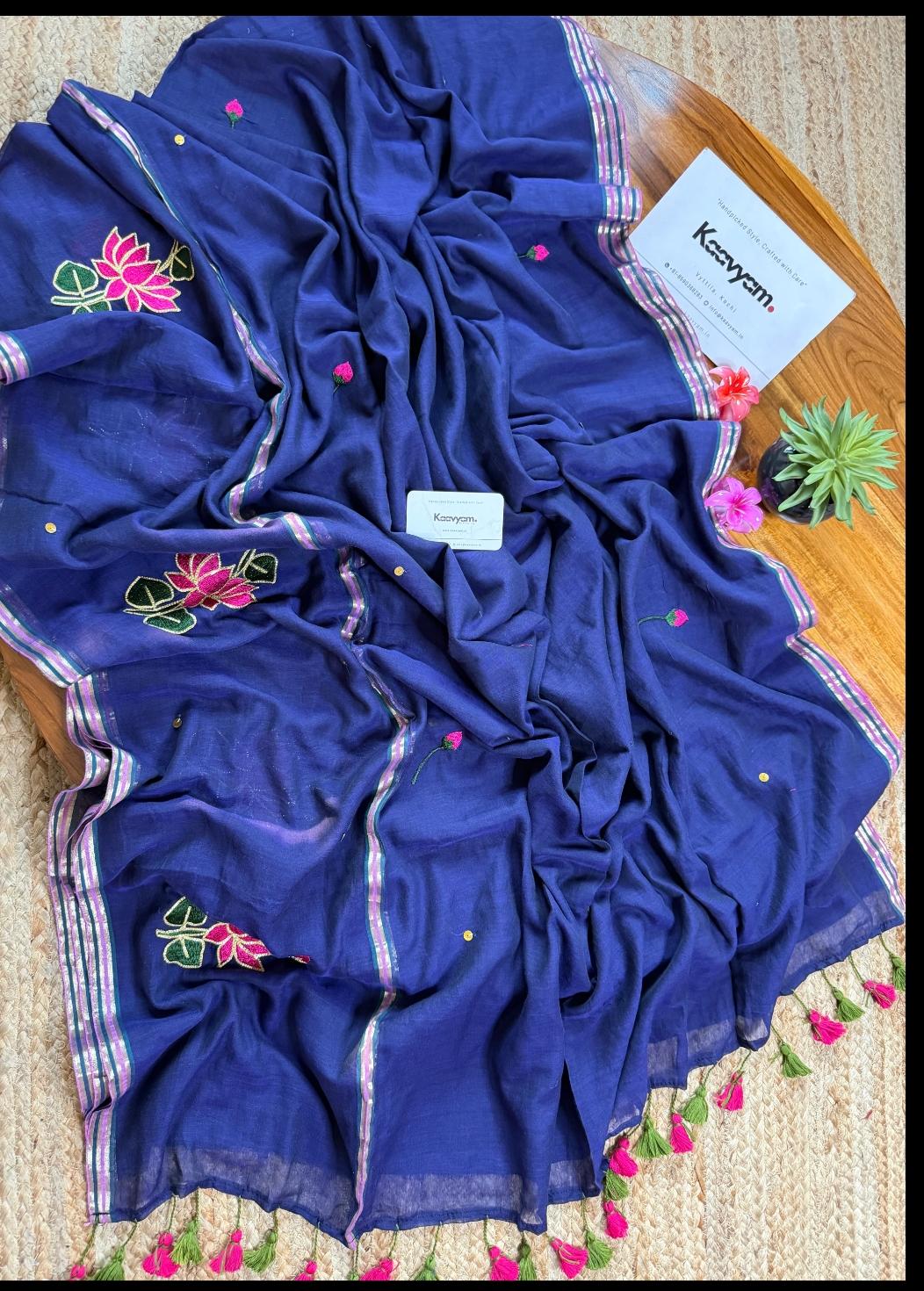 Pure mull cotton Embroid sarees with Tassels view 2