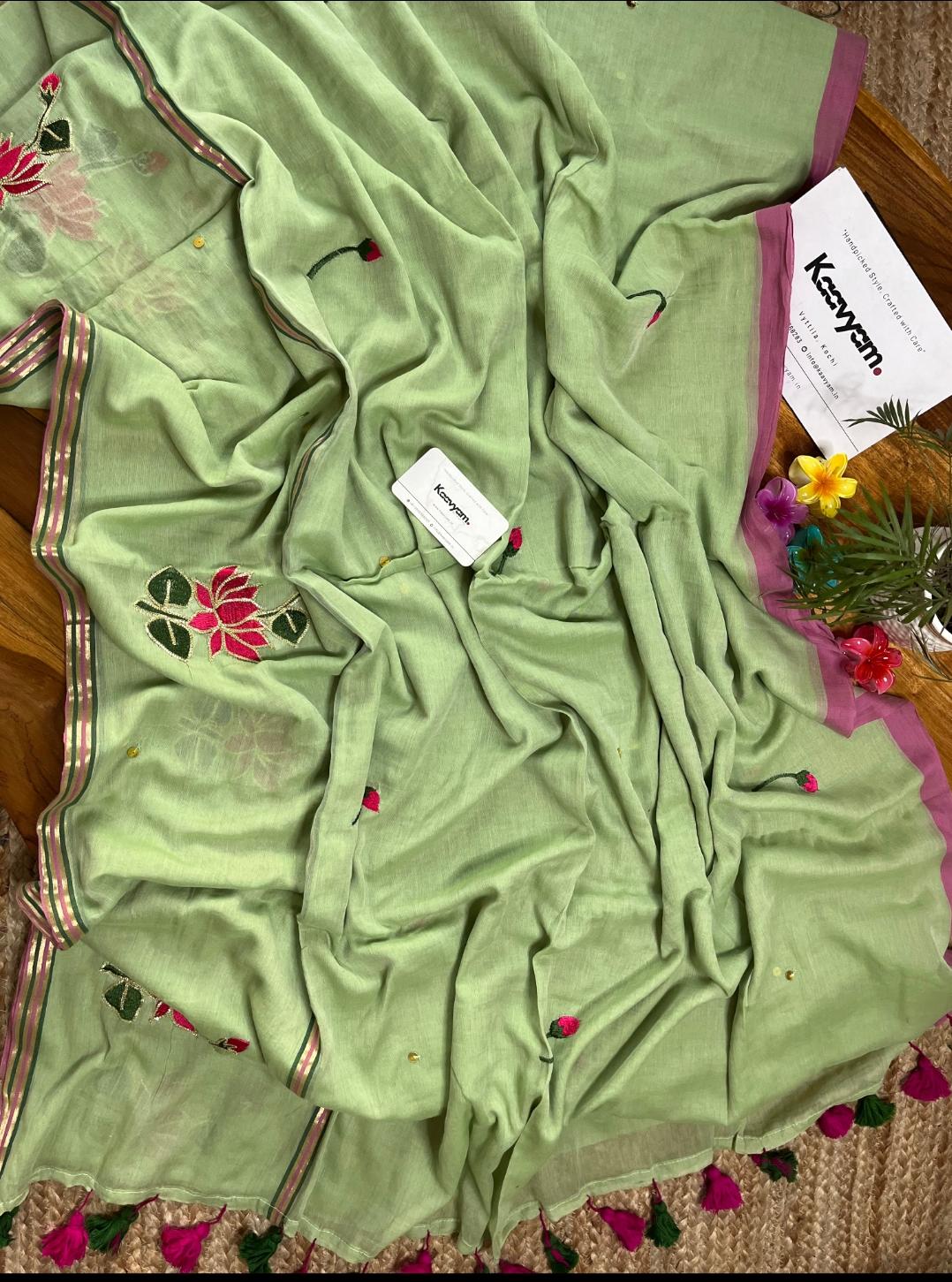 Pure mull cotton Embroid sarees with Tassels view 3