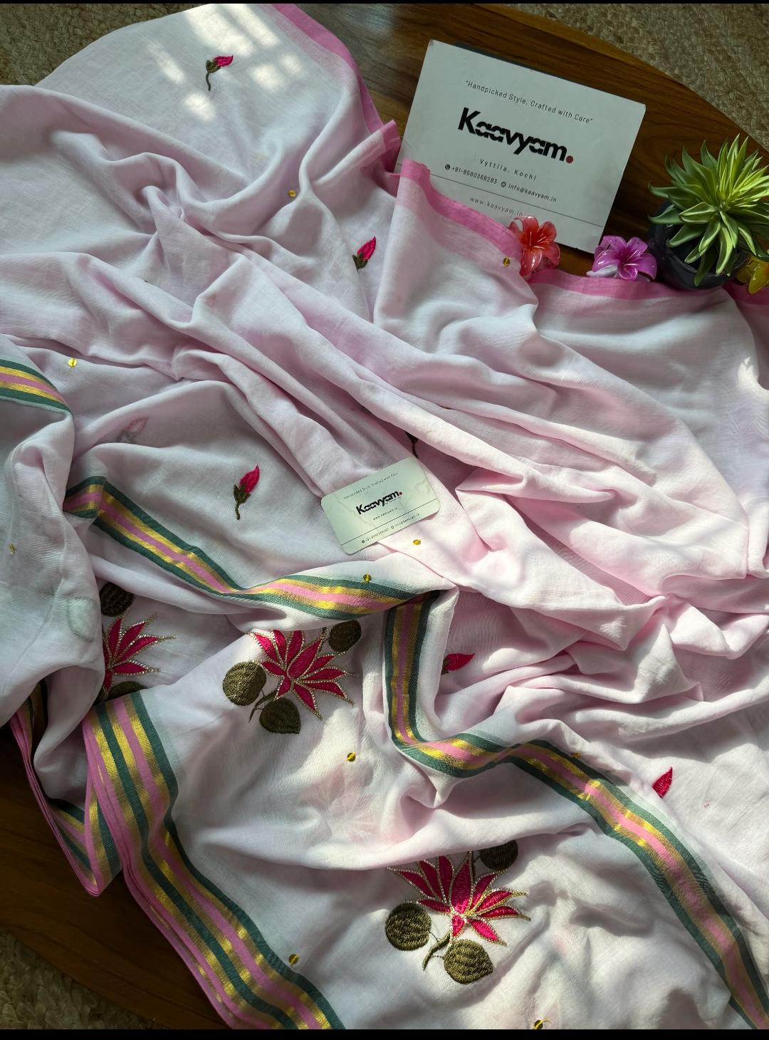 Pure mull cotton Embroid sarees with Tassels view 4