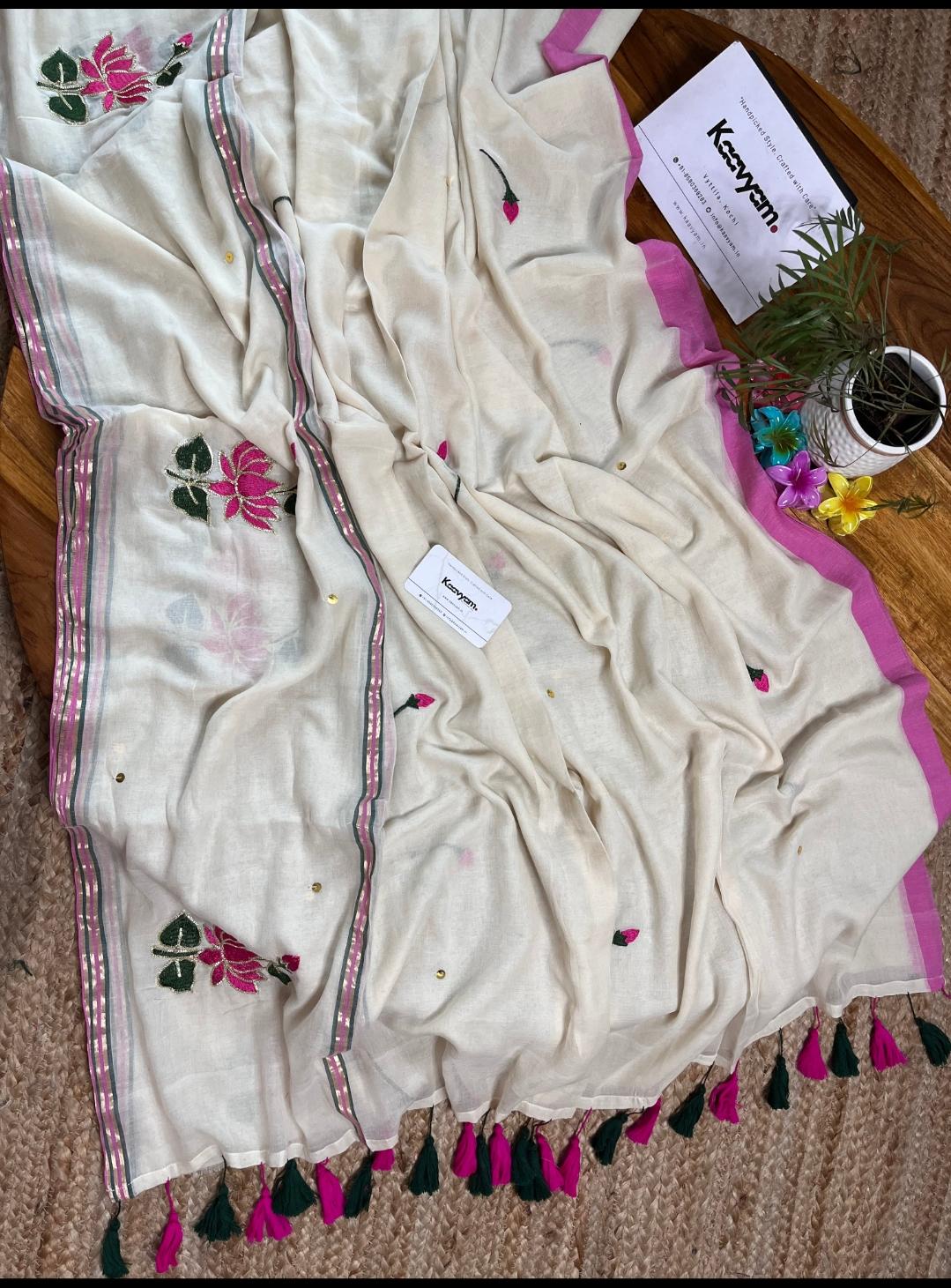Pure mull cotton Embroid sarees with Tassels view 5
