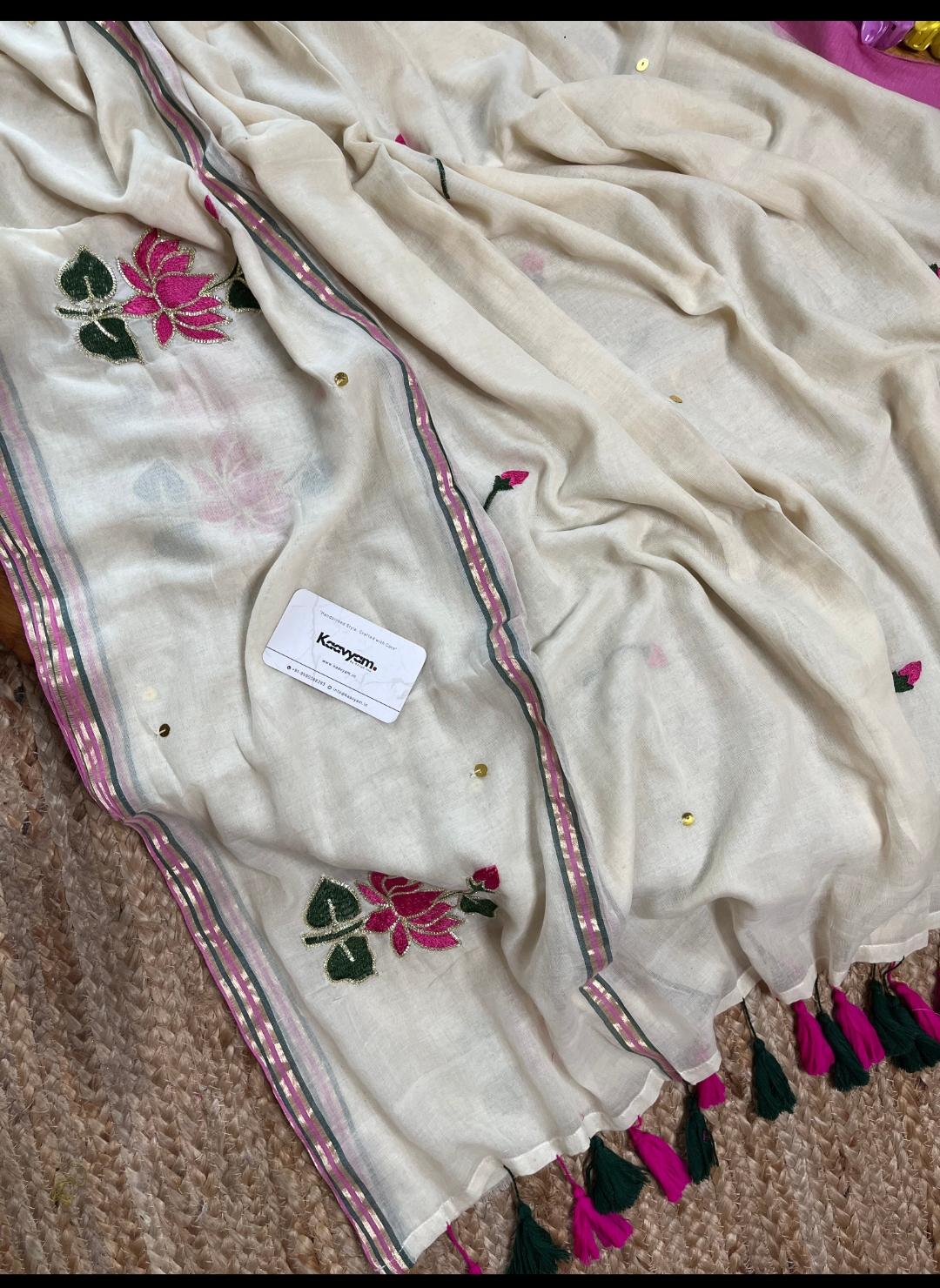 Pure mull cotton Embroid sarees with Tassels view 6