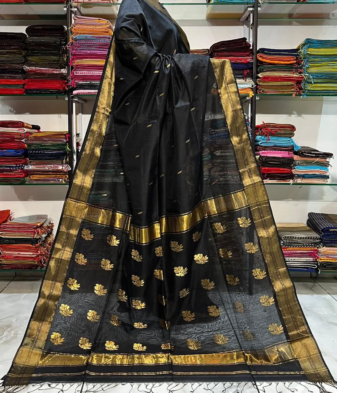 Light organza sarees with golden zari work and blouse piece. view 4