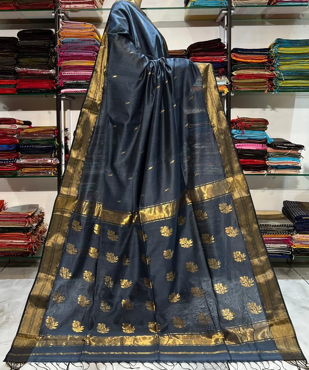 Light organza sarees with golden zari work and blouse piece. view 2