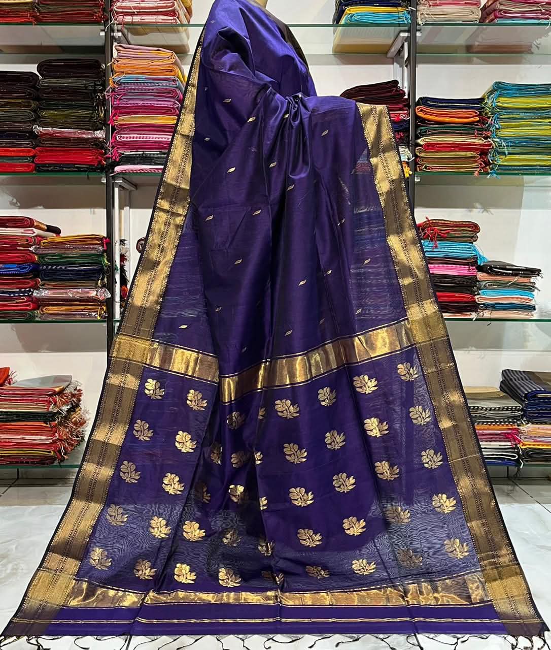 Light organza sarees with golden zari work and blouse piece. view 5