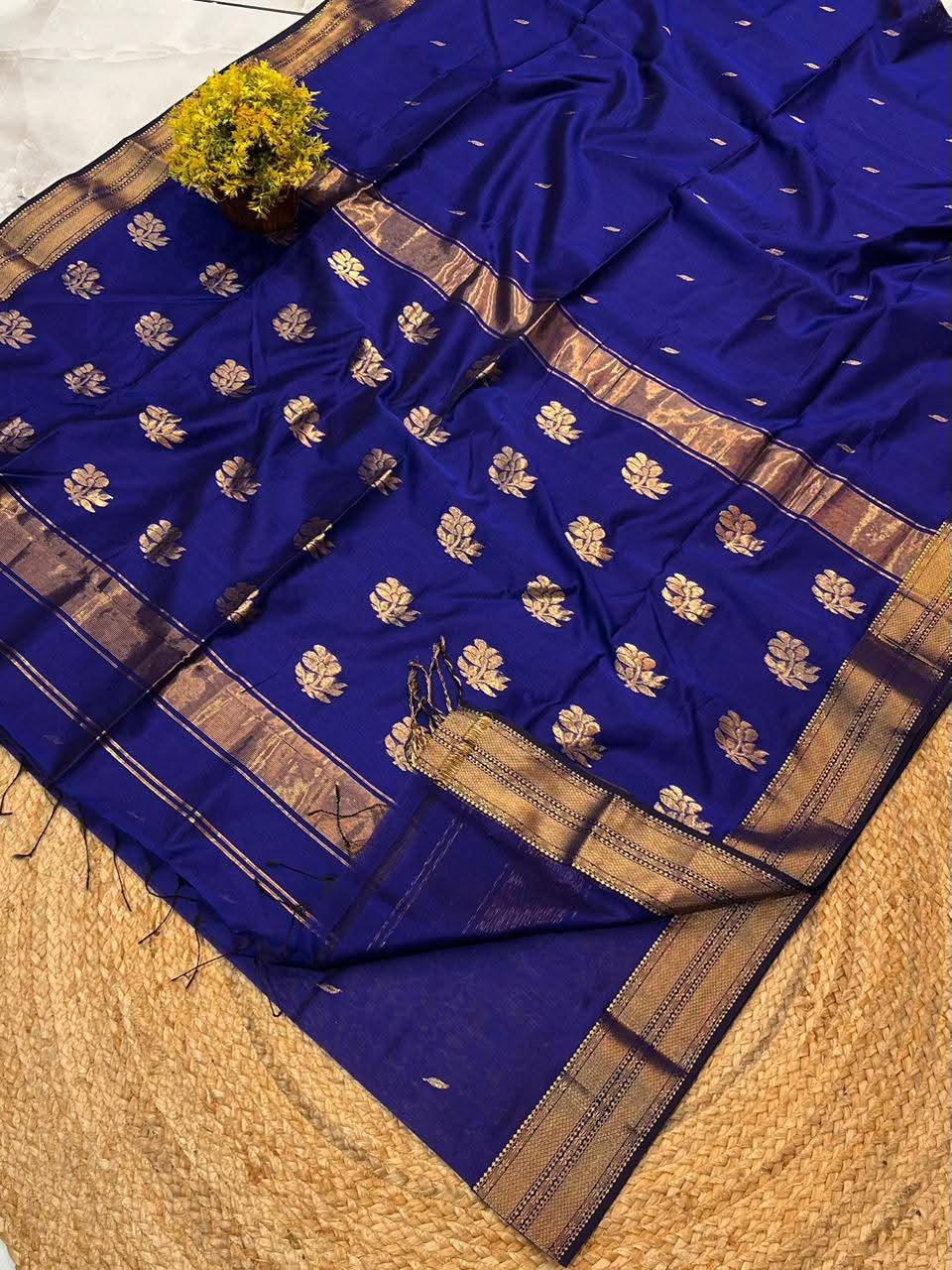 Light organza sarees with golden zari work and blouse piece. view 7