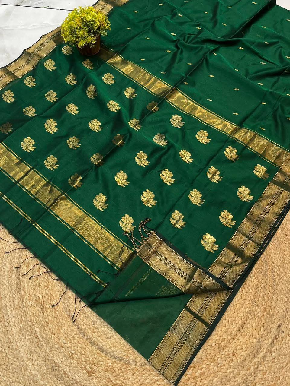 Light organza sarees with golden zari work and blouse piece. view 8