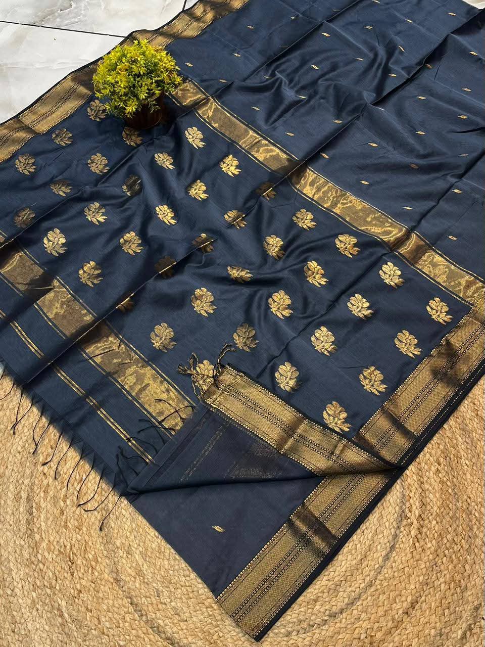 Light organza sarees with golden zari work and blouse piece. view 9