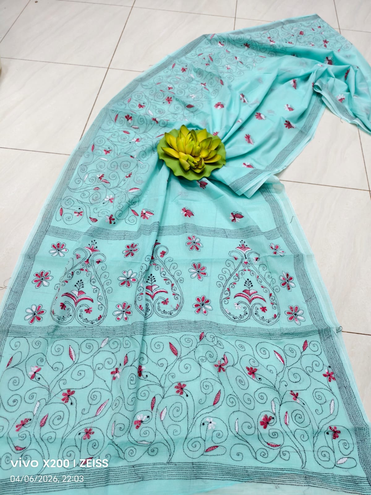 Handmade All body Embroidered Silk saree with Blouse Piece view 5
