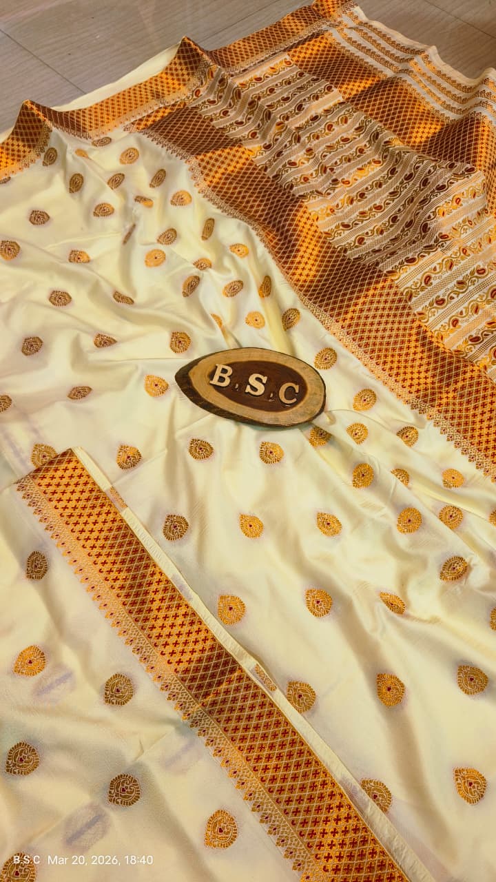 Elegant White Embroidered Assam Silk Saree with Blouse Piece view 4