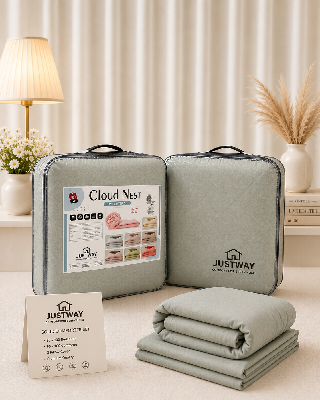 JUSTWAY Cloud Nest Solid Comforter Set with Bedsheet and Pillow Covers view 1