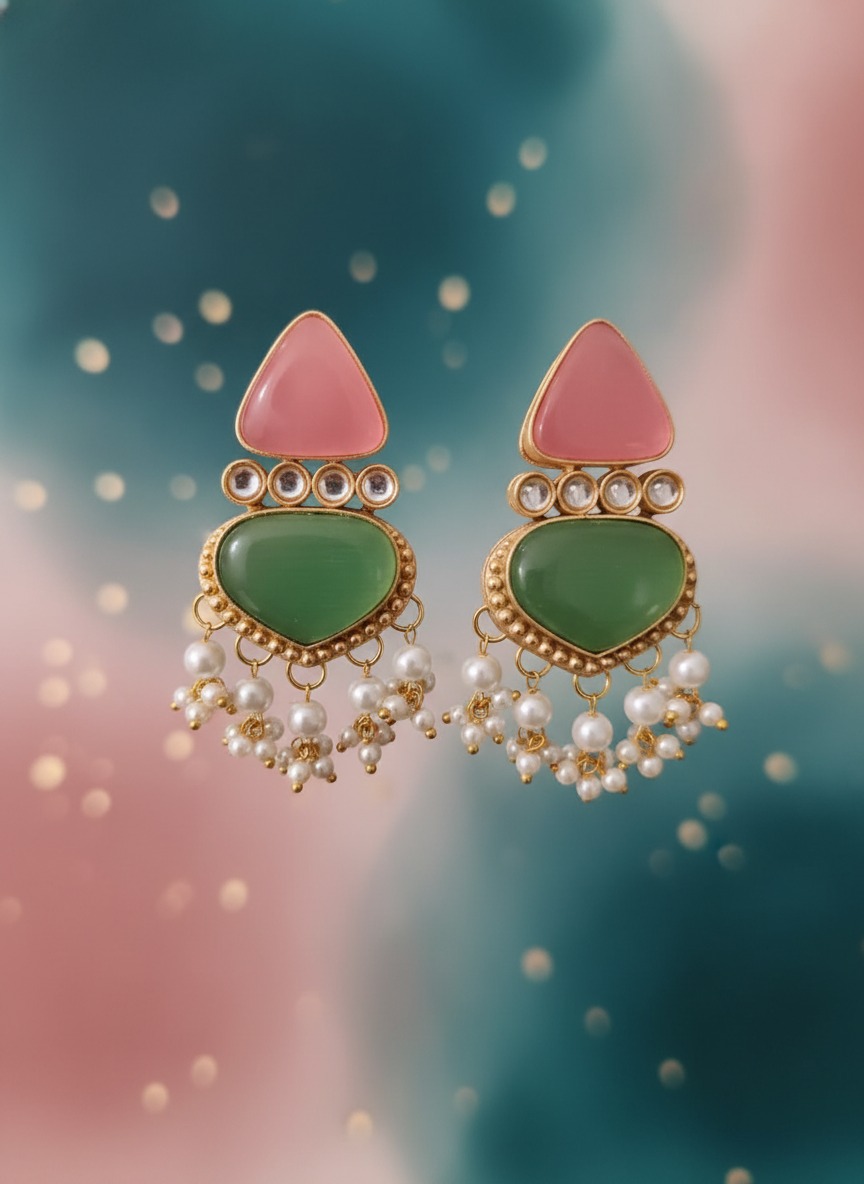 Gold-Toned Pink & Green Stone Pearl Drop Earrings view 3