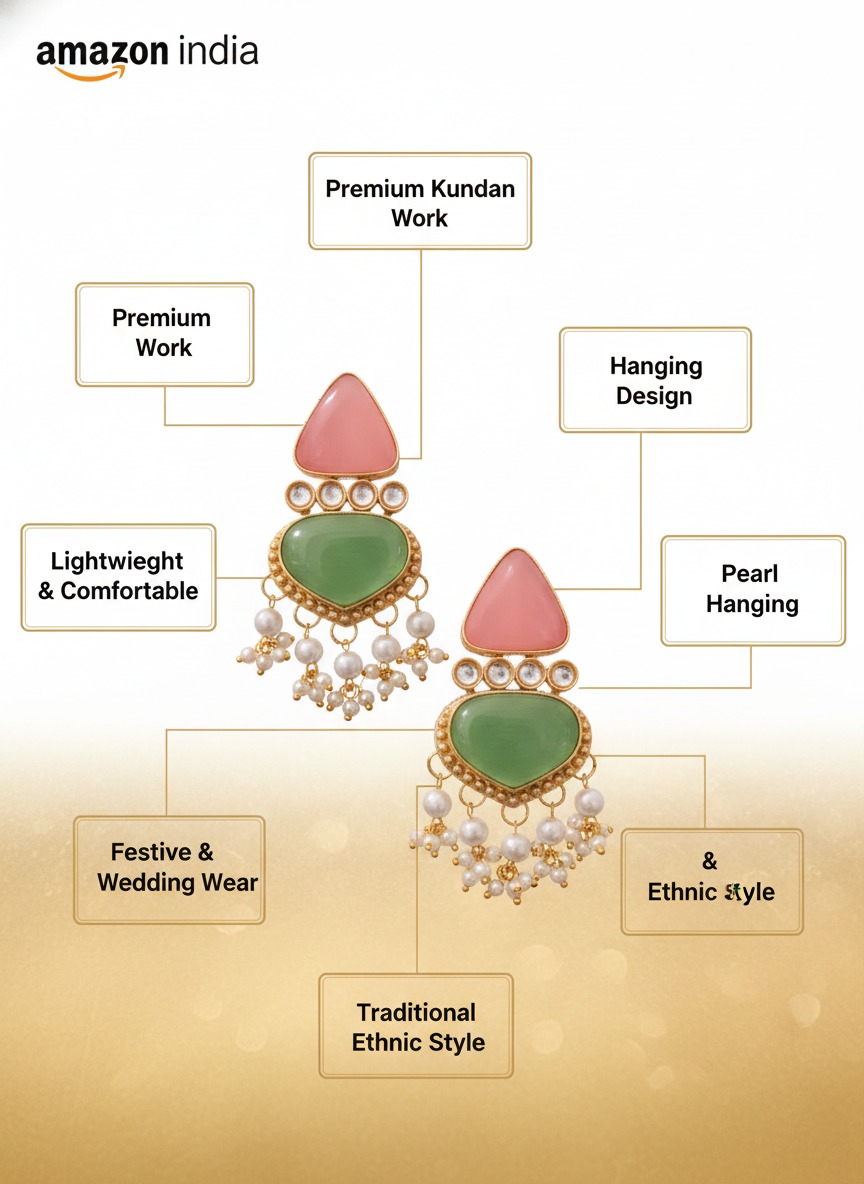 Gold-Toned Pink & Green Stone Pearl Drop Earrings view 4