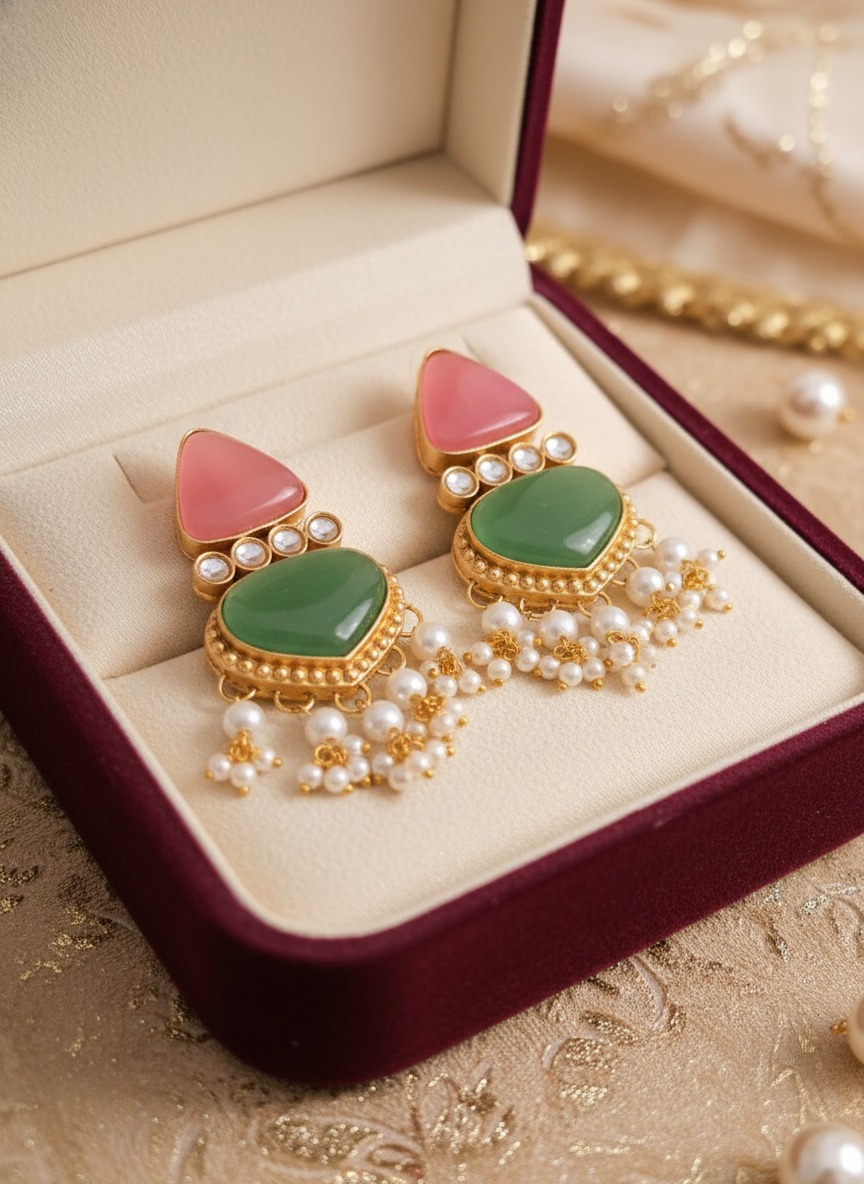 Gold-Toned Pink & Green Stone Pearl Drop Earrings view 5