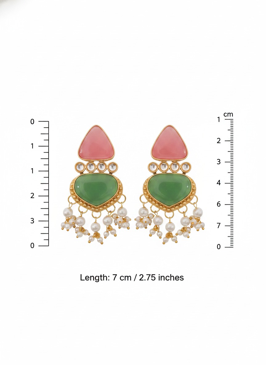 Gold-Toned Pink & Green Stone Pearl Drop Earrings view 6
