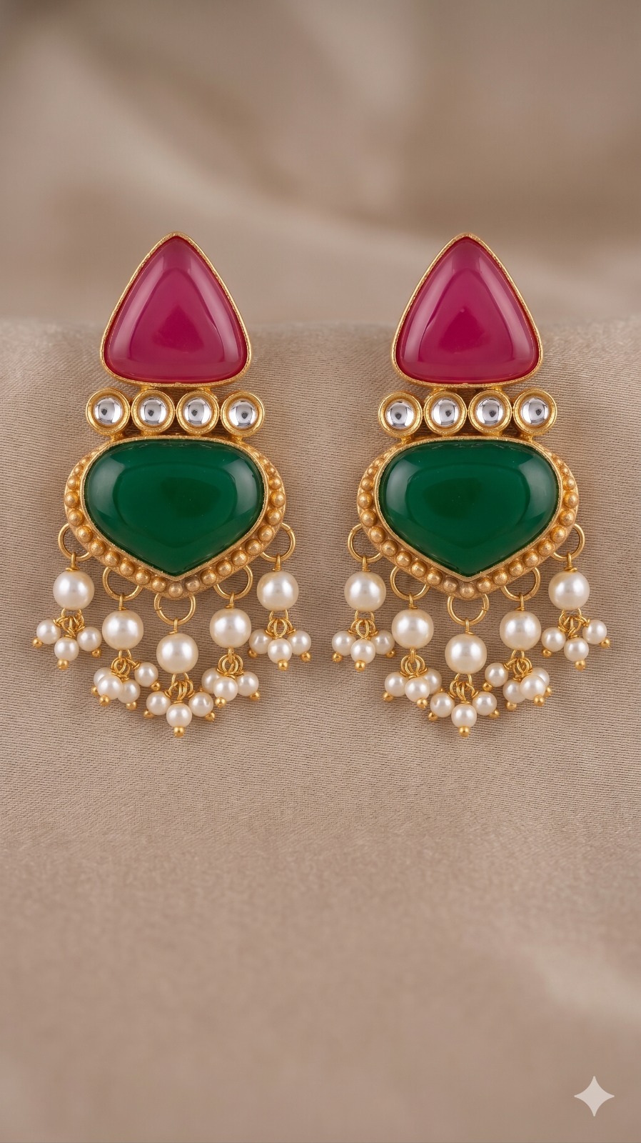 Gold-Toned Pink & Green Stone Pearl Drop Earrings view 7