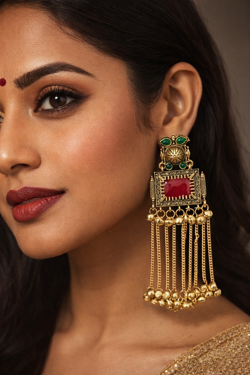 Gold-Toned Antique Finish Statement Drop Earrings view 2