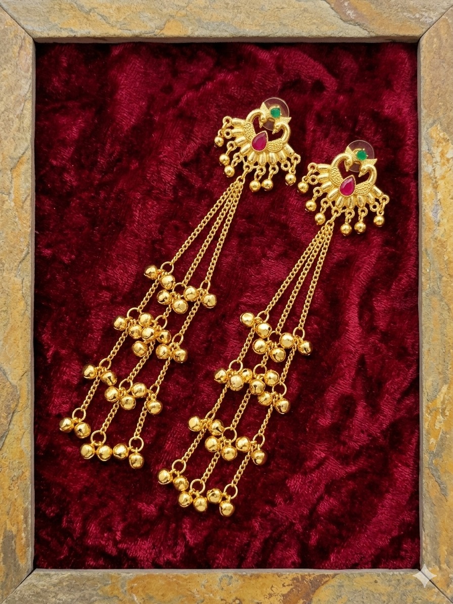 Gold-Tone Peacock Design Long Dangle Earrings view 4