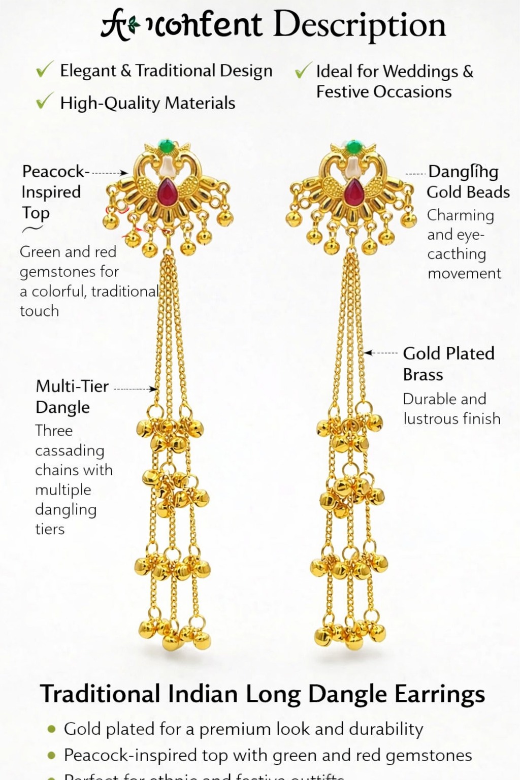 Gold-Tone Peacock Design Long Dangle Earrings view 5