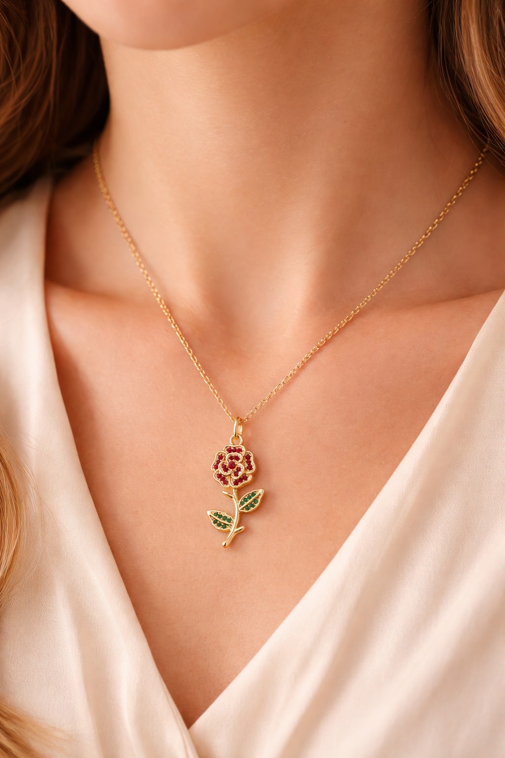 Gold-Tone Floral Pendant Necklace with Red and Green Accents, Quantity 2 view 2