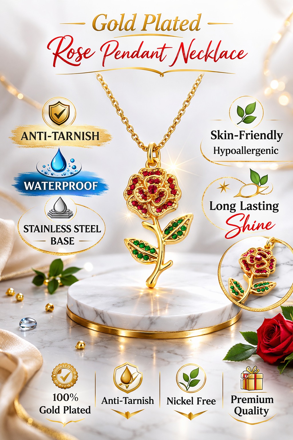 Gold-Tone Floral Pendant Necklace with Red and Green Accents, Quantity 2 view 4