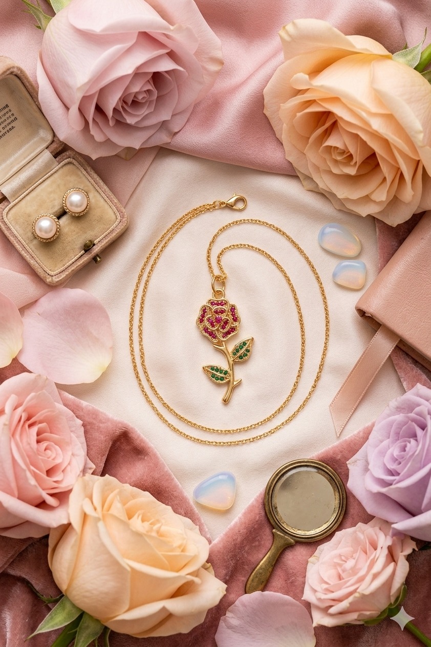 Gold-Tone Floral Pendant Necklace with Red and Green Accents, Quantity 2 view 6