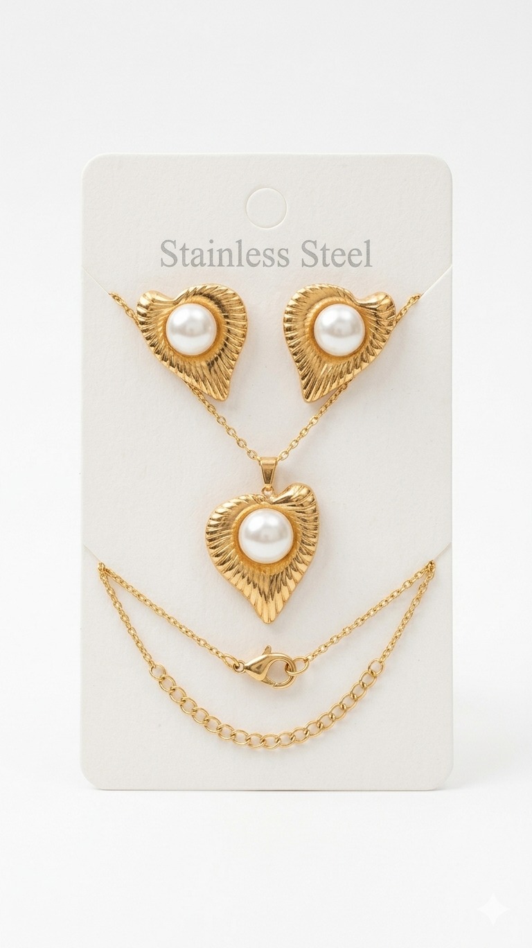 Gold-Tone Pearl Heart Pendant Necklace and Stud Earrings Set view 2