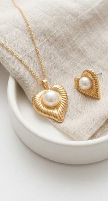 Gold-Tone Pearl Heart Pendant Necklace and Stud Earrings Set view 3