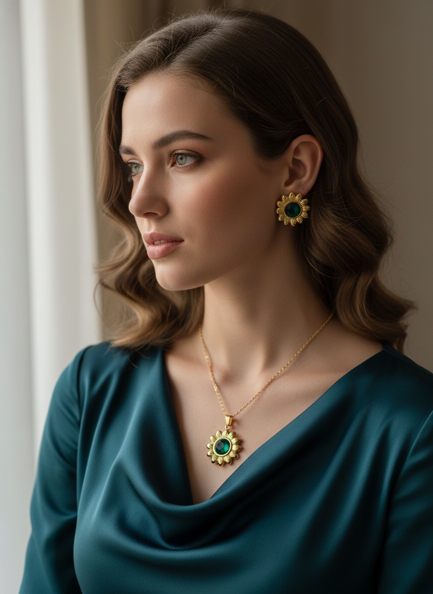Gold-Tone Floral Pendant Necklace with Matching Stud Earrings Set view 2
