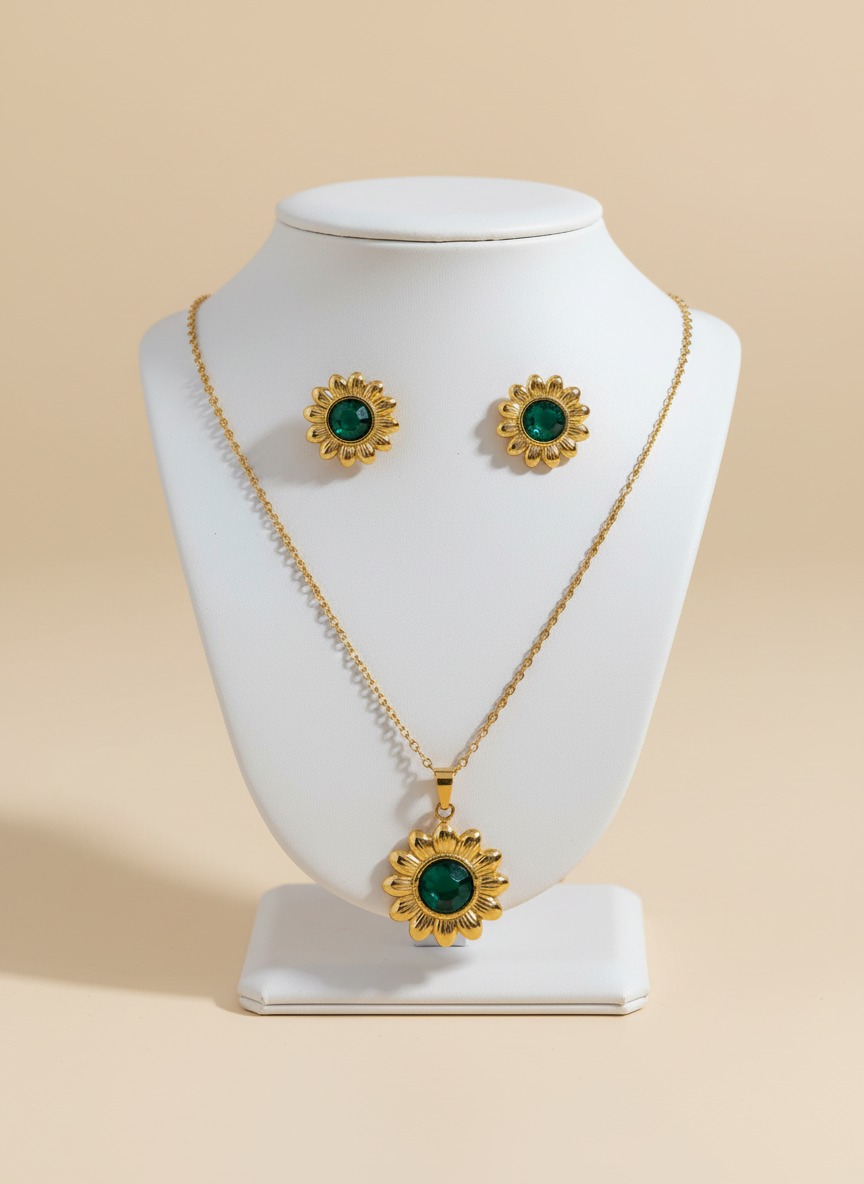 Gold-Tone Floral Pendant Necklace with Matching Stud Earrings Set view 3