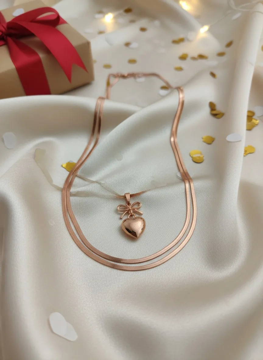 Rose Gold Bow Heart Pendant Necklace view 4